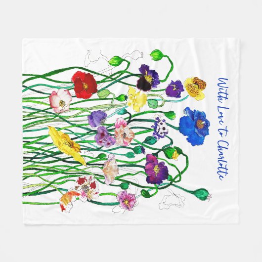 明るいカラフル野生のポピーの水の色 フリースブランケット (正面(横))