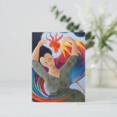 明るいカラフル雄鶏と婦人。 ポストカード (スタンド正面)