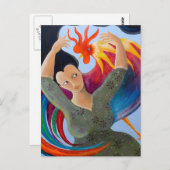 明るいカラフル雄鶏と婦人。 ポストカード (正面/裏面)