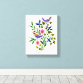 明るいカラフル鳥と花水色 キャンバスプリント (インサイチュ (ウッドフロア))