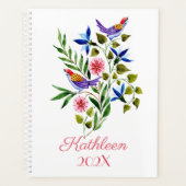 明るいカラフル鳥と花水色 プランナー手帳 (正面)