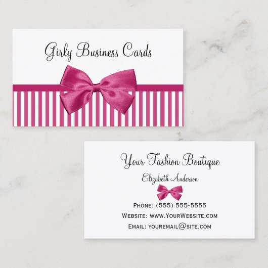 明るいガーリーピンクと白ストライプ色の可愛いピンクボウ 名刺 (正面/裏面)