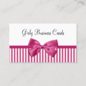 明るいガーリーピンクと白ストライプ色の可愛いピンクボウ 名刺 (正面)