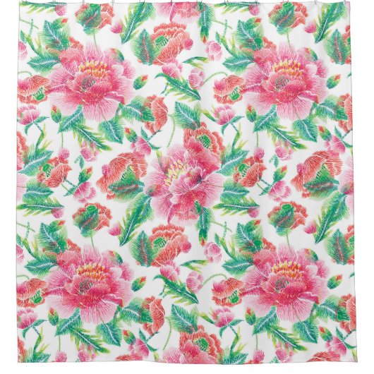 明るいガーリーピンクの花のパターン シャワーカーテン (正面)