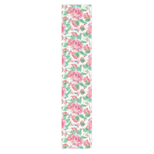 明るいガーリーピンクの花のパターン ショートテーブルランナー (正面)