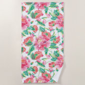 明るいガーリーピンクの花のパターン ビーチタオル (正面)