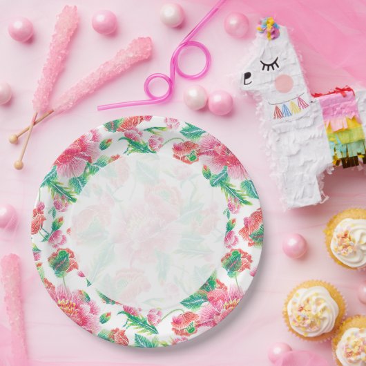 明るいガーリーピンクの花のパターン ペーパープレート (パーティー)