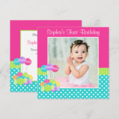 明るいキャンデーの水玉模様の女の子の第1誕生日の写真 招待状 (正面/裏面)