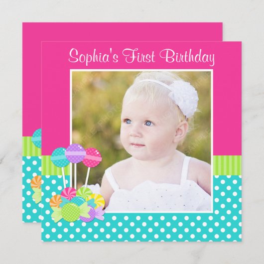 明るいキャンデーの水玉模様の女の子の第1誕生日の写真 招待状 (正面/裏面)