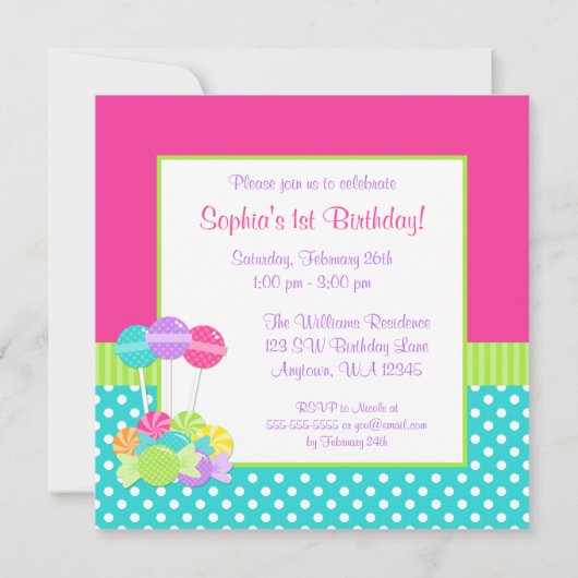 明るいキャンデーの水玉模様の女の子の第1誕生日の写真 招待状 (裏面)