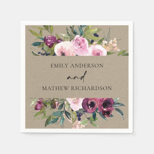 明るいクラフト赤面ブルゴーニュフローラ束結婚's スタンダードカクテルナプキン (正面)