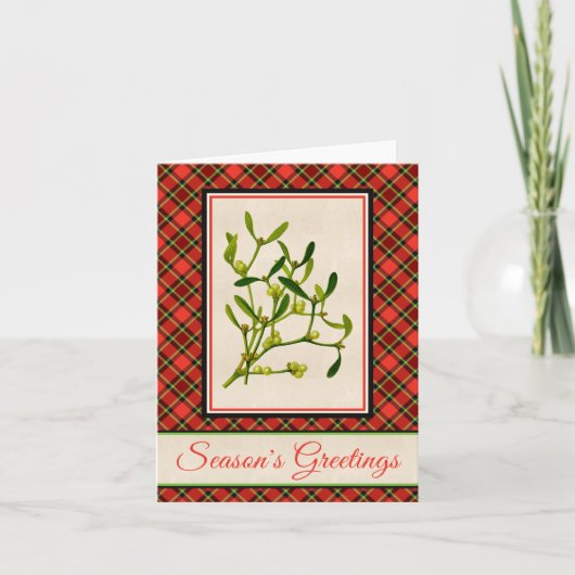明るいクリスマスの格子縞およびヴィンテージのヤドリギ シーズンカード (正面)
