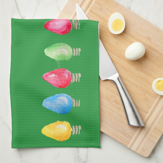 明るいクリスマスの水の色の電球の皿 キッチンタオル (四つ折り)