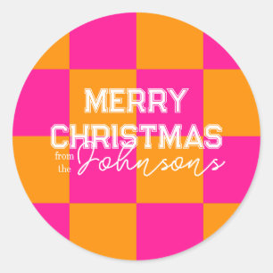 明るいクリスマスチェック熱ピンクオレンジ ラウンドシール