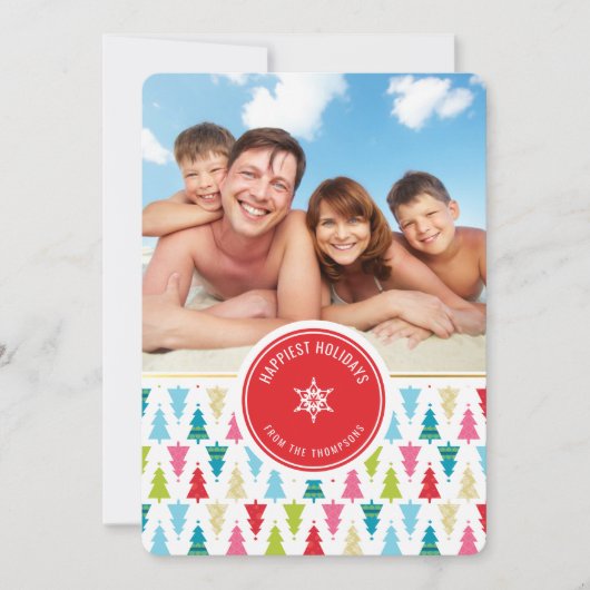 明るいクリスマスツリーの模様の写真のホリデーカード シーズンカード (正面)