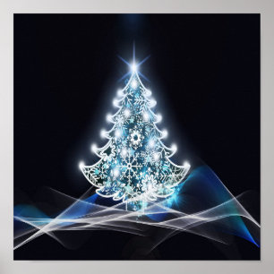 明るいクリスマスツリー、白い雪、ブルーウェーブ ポスター