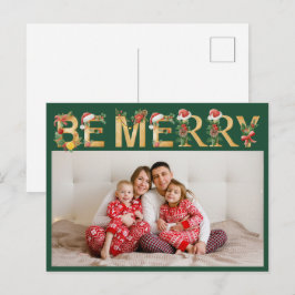 明るいクリスマス 緑とゴールドの文字 ご家族の写真 シーズンポストカード
