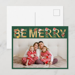 明るいクリスマス 緑とゴールドの文字 ご家族の写真 シーズンポストカード