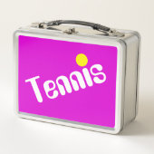 明るいクールピンクの斜め白い黄色のテニス文字 メタルランチボックス (正面)