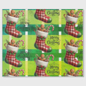 明るいグリーンクリスマスプレイドホリデージンジャーブレッド ラッピングペーパー (フラット)