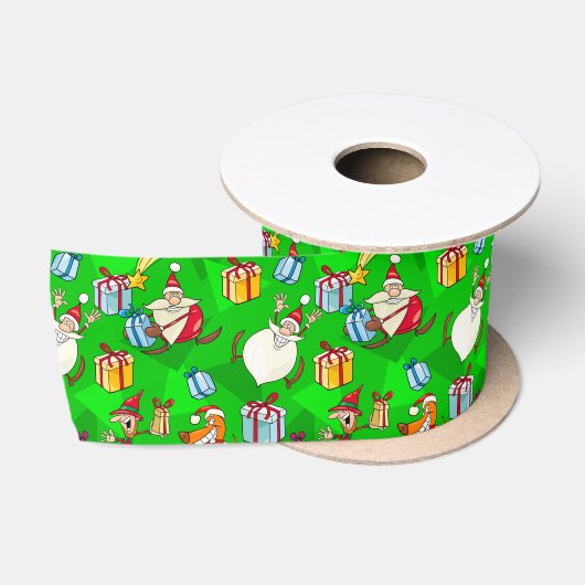 明るいグリーンサンタとエルフのクリスマス サテンリボン (リール)