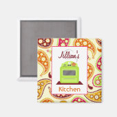 明るいグリーンレトロストーブ&ペイズリーキッチンマグネット マグネット (正面/裏面)