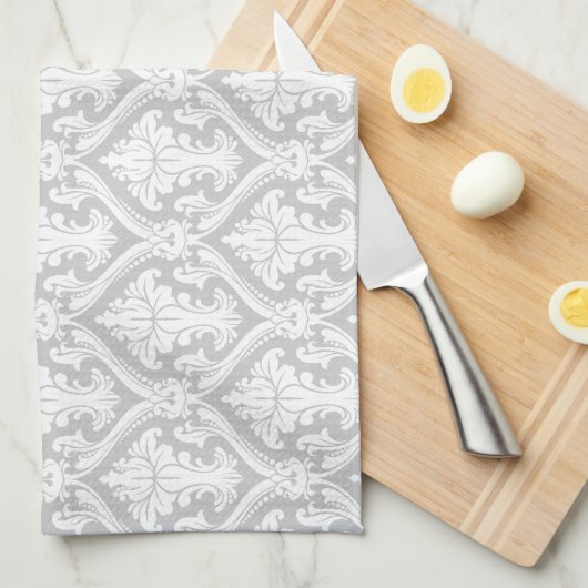 明るいグレーと白のヴィンテージダマスクパターン キッチンタオル (四つ折り)