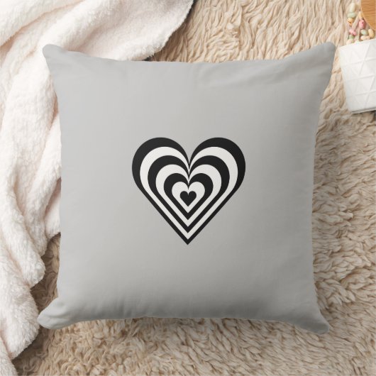 明るいグレーのストライプの白黒ハート クッション (ブランケット)