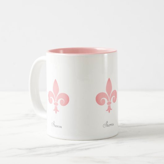 明るいコーラルピンクの美しいフルーアのデリスの花 ツートーンマグカップ (正面左)