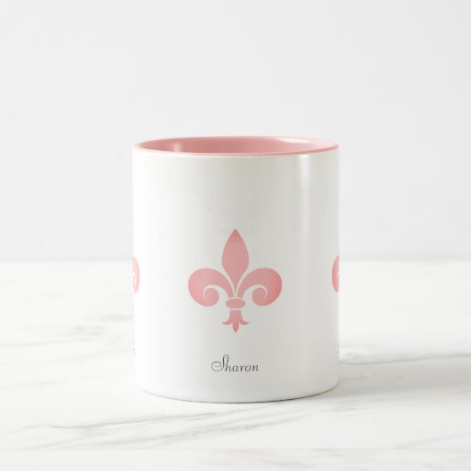 明るいコーラルピンクの美しいフルーアのデリスの花 ツートーンマグカップ (中央)