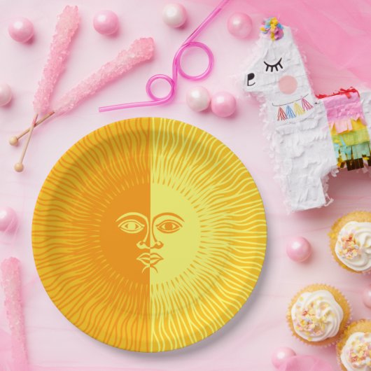 明るいサンシャインイエローとオレンジの太陽と顔 ペーパープレート (パーティー)
