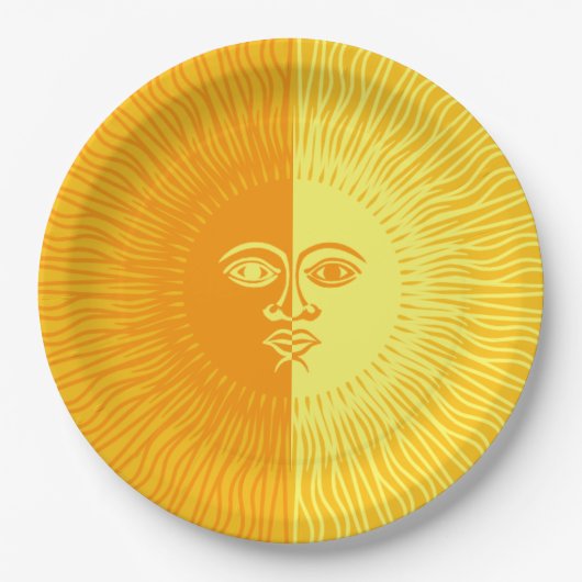 明るいサンシャインイエローとオレンジの太陽と顔 ペーパープレート (正面)