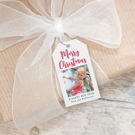 明るいスクリプモダントのメリークリスマスのシンプル写真 ギフトタグ