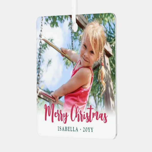 明るいスクリプモダントのメリークリスマスのシンプル写真 メタルオーナメント (正面左)