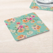 明るいスケッチの花柄パターン スクエアペーパーコースター (アングル)