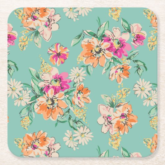 明るいスケッチの花柄パターン スクエアペーパーコースター (正面)