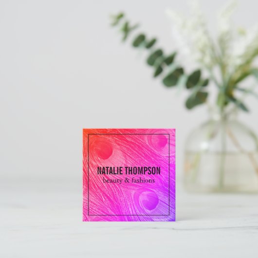 明るいスタイリッシュ孔雀の羽 スクエア名刺 (スタンド正面)