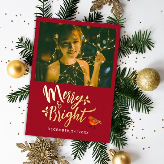 明るいスタイリッシュ赤いメリークリスマス・ロビンの写真 箔シーズンカード