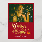 明るいスタイリッシュ赤いメリークリスマス・ロビンの写真 箔シーズンカード (正面)