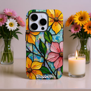 明るいステンドグラスの花絵 iPhone 16 PROケース
