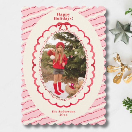 明るいストライプの2枚の写真 ピンクのクリスマス シーズンカード