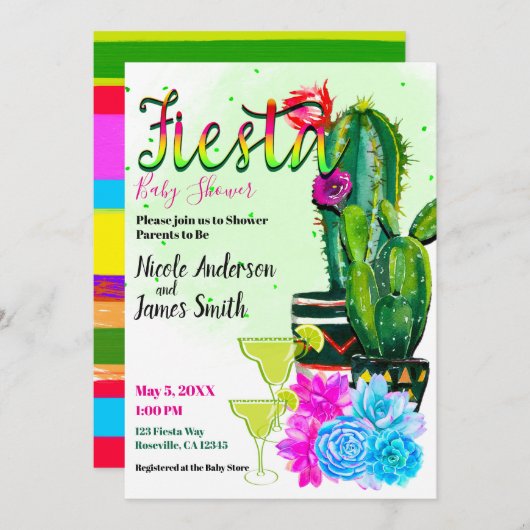 明るいストライプサボテン吸汁性FIESTAベビーシャワー 招待状 (正面/裏面)