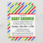 明るいストライプ色のプライマリーカラーベビーシャワー 招待状 (正面/裏面)