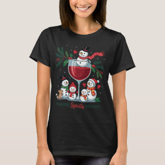 明るいスピリットで雪だるまワイン プリント | かわいい Tシャツ
