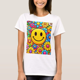 明るいスマイルフェイスとフラワープリントTシャツ Tシャツ