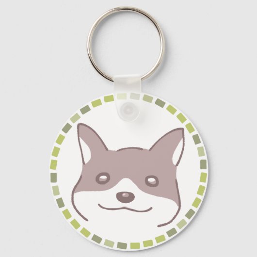 明るいタイル模様&笑顔の犬イラスト キーホルダー (正面)