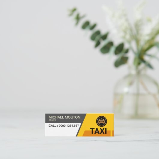 明るいタクシー台形シェイプ黄色い輸送 スキニー名刺 (スタンド正面)
