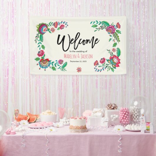 明るいターコイズとオレンジ色の明るいフォークの花 横断幕 (パーティー)