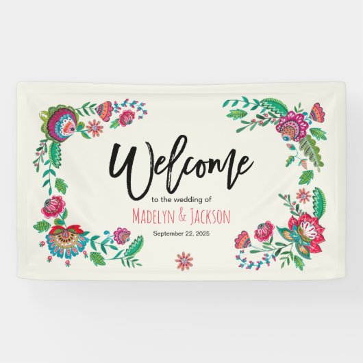 明るいターコイズとオレンジ色の明るいフォークの花 横断幕 (横)