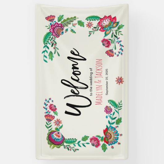 明るいターコイズとオレンジ色の明るいフォークの花 横断幕 (縦)